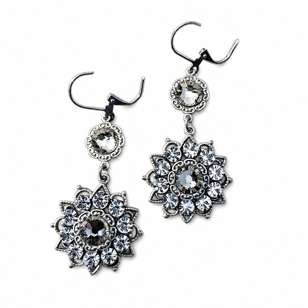 Clara Beau VTG Style Silver Tone Metal Gray & Clear Rhinestones Dangle Earrings